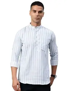 Majestic Man Men's Pure Cotton Striped Mandarin Collar Slim Fit Roll-Up Sleeves Short Kurta