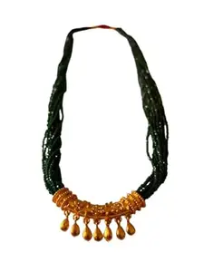 Nepali Multi-Strand Green Beaded Necklace with Gold-Tone Pendant and Droplets, Nepali Traditional Design