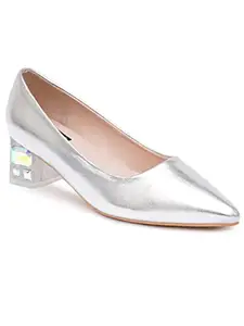 SHERRIF Women's Silver Block Heel Pumps (37 EU)