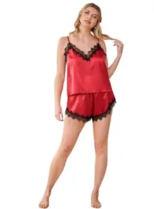Satin Camisole and Shorts Sleepwear Set with Lace Trim, Red,