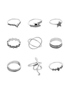 Yellow Chimes Rings Set for Women | Fashion Silver Oxidised Finger Ring for Girls | Combo of 9 Rings | Accessories for Women | Birthday Gift for Girls Anniversary Gift for Wife