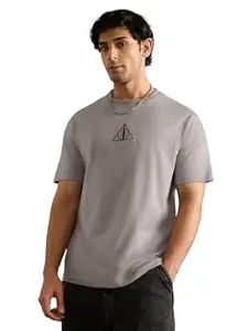 The Souled Store Harry Potter: Hallows Men and Boys Short Sleeves Round Neck Grey Embroidered Relaxed Fit Casual T-Shirt