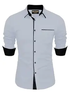 FINAXO FASHION Men's Cotton Blend Shirt, Black with Red Trim, Long Sleeve, Regular Fit