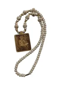 Tulsi Mala Prayer Necklace with Hanuman Wooden Pendant – White & Brown Beads – Traditional Ayodhya Spiritual Necklace