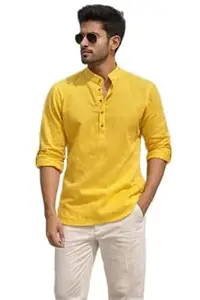 Bahumaan Pure Cotton Short Kurta for Men with Chinese Collar and Roll-Tab Sleeves | Solid Kurta Shirt for Men for Casualwear and Daily Comfort