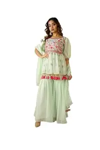 vivaraa fashion Women'S Pista Colored Embroidered Worked Top With Sharara And Dupatta Set - Pista | V152_Pista_L_New