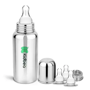 Kidbea Stainless Steel Infant Baby Feeding Bottle, BPA Free, Anti-Colic, Plastic-Free, Medium-Flow X 3 Nipple (250 ML) (Solid)