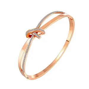 ZIVOM® Criss Cross Knot Ribbon Celstra Cubic Zirconia 18K Rose Gold Stainless Steel Openable Kada for Women