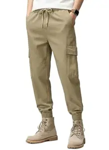 Leriya Fashion Men's Mid Rise Cargo Pants with 6 Pockets, Premium Cotton Drawstring Trousers, Comfortable Casual Workwear Joggers, Stretchable Track Pants for Office and Parties