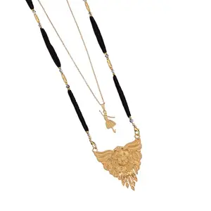 MALKYN Women's Gold-Plated Long Mangalsutra with a Detailed Winged Floral Pendant and Black Beaded Chain, Paired with a Dainty Adjustable Charm Necklace for a Layered and Elegant Look-MD-040