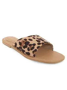 Kenneth Cole Flat Footwear For Women | PU Leather Flat Footwear For Ladies Leopard Animal Print Slip On Open Toe, Brown