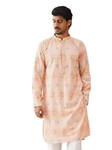 Jompers Peach Embroidered Staight Kurta Pajama Set For Men (Peach, M)
