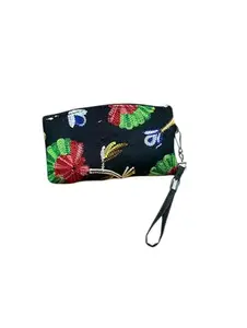 Women's Floral Embroidered Wristlet Wallet, Kashmiri Black