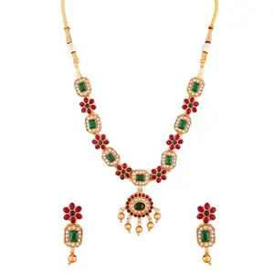 AQUASTREET Gold-Plated Popular Red Green Kemp stones Jewellery Set for Women and Girls | Necklace Set for Women Traditional | Goldplated Jewelry Set for Women