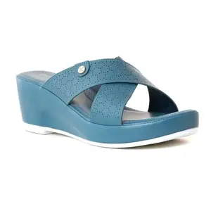 Khadim's Sharon Blue Wedge Heel Mule Slip On Sandal for Women (2661469)