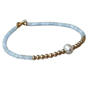 RRJEWELZ Pearl & aquamarine bracelet for men & women - 3mm Rondelle Faceted & Smooth beads - 7 Inch with Gold plated clasp – Healing, Fashion, Gift, Spiritual, Yoga|LCBR_RR_08314