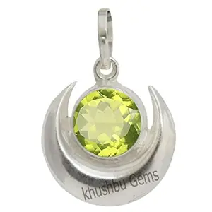 Khushbu Gems White Sterling-Silver Half Moon Shape Pendant with Natural Green Stone Chand Locket for unisex