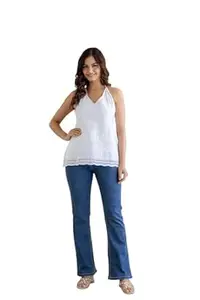 VAAKI Women Cotton White Chikankari Halter Neck Sleeveless Backless White Short Kurti Top with Tie-Up Back | Ethnic Summer Kurti Top