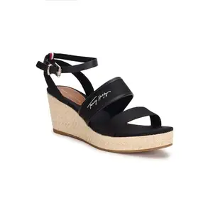 Tommy Hilfiger Cotton Solid Black Women Wedges Sandals (F23HWFW063) Size- 39