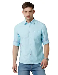 Double TWO Men Solid Oxford Aqua Blue Pointed Collar Long Sleeves 100% Cotton Slim Fit Casual Shirt