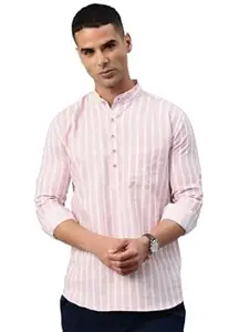 Majestic Man Men's Pure Cotton Striped Mandarin Collar Slim Fit Roll-Up Sleeves Short Kurta