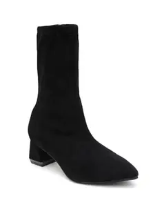 SHERRIF Black Color Block Heel Calf Length Boots for Women