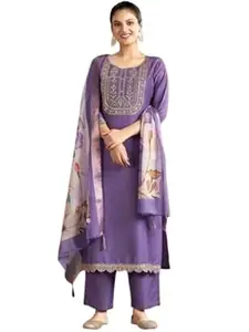 Women's Rayon Slub Kurti Pant with Chanderi Dupatta | Three-Quarter Sleeve Ethnic Kurta Pant & Dupatta Set Purple