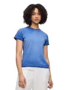 The Souled Store Solids: Electric Blue Women and Girls Short Sleeves Round Neck Cotton Blend Regular Fit T-Shirts