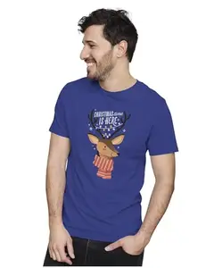 ALLEN BLACK Men's & Women's Regular Fit T-Shirt Christmas Reindeer 100% Cotton Unise T-Shirt Royal Blue_TIMEISHE07-Royal Blue 4XL Men Round_