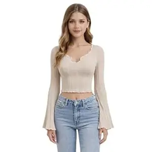 H&Y VENTURE Women’s V-Neck Notched Ribbed Crop Top | Stretchable Polyester Long Flared Sleeve Blouse | Trendy Slim Fit Casual Top for Girls