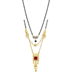 Brado Jewellery American Diamond One Gram Gold Plated Combo of 2 Mangalsutra Necklace pendant Tanmaniya Nallapusalu Black Bead And Golden Chain For Woman and Girls