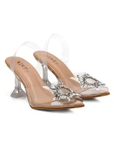 GNIST Beige Rhinestone Embellished Stilettos Heel, Stylish Fashion Sandal, Comfortable & Lightweight, Office, Party and Formal Occasions for Women Footwear, Size Uk - 9