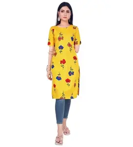 Women's Casual 3/4th Sleeve Printed Cotton Kurti (Yellow, S)-PID46158