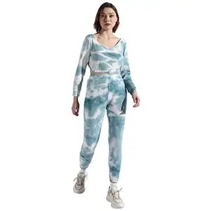 Campus Sutra Women's Blue Tie-Dye V Neck Long Sleeve Regular Fit Co-Ords Set For Casual Wear | Clothing Set Crafted With Comfort Fit And High Performance For Everyday Wear