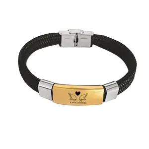 M Men Style Best Friends Bracelet for Boys – Black Strap Bracelet with Golden Plate & Heart Wings Design | Stylish Friendship Band for Men & Boys SBr2025589
