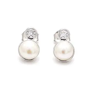 Ornate Jewels 925 Sterling Silver Natural Fresh Water Pearl and American Diamond Stud Earrings for Women and Girls Dailywear Gifts