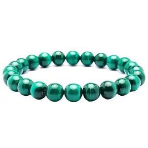 RRJEWELZ Natural Malachite Round Shape Smooth Cut 8mm Beads 7.5 inch Stretchable Bracelet for Healing, Meditation, Prosperity, Good Luck | STBR_05196