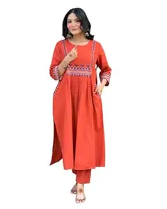 BharatCartX Women's Rayon Embroidered A-Line Kurti with Pant Set