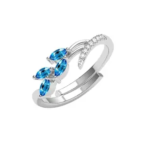 Clara Pure 925 Sterling Silver Tonje Curved Blue Leaf Finger Ring | Swiss Zircon Platinum Plated | Size Adjustable | Gift for Women Girls Wife Girlfriend