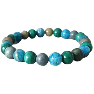 RRJEWELZ Natural Chrysocolla, Apatite & Malachite 8mm Round Shape Smooth Cut Beads 8 Inch Stretchable Bracelet For Men & Women. Unisex Bracelet For Healing, Meditation & Luck|STBR_RR_10929_8.0