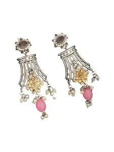 Atibelle german Silver Plated- dual toned & pink stone studded floral shaped drop earring