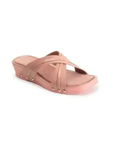 ICONICS Women's Fashionable Slip On Sandals Colour-Peach, Size-UK 4
