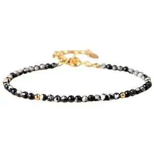 RRJEWELZ Snowflake Obsidian Round Beaded Bracelet – Smooth 3mm Multicolor Stones with Gold Lock – 7 Inch Adjustable link Bracelet for Men & Women|LCBR_RR_06203