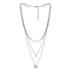 Ayesha Trendy Three Layered Silver Necklace with Butterfly Pendant, diamonti stone and Chain of Hearts