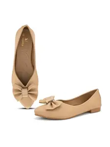 XE Looks Stylish Beige Ballerinas with Gold Bow Accent – Comfortable, Versatile, and Ideal for Elevating Your Everyday Outfits for Girls & Womens
