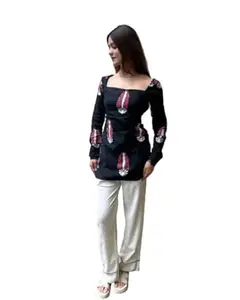 Women's Reyon Short Kurti - Black & Red Leaf Block Print Square Neck Tunic Top