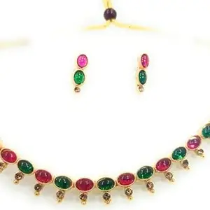 Traditional Indian Necklace in Pink and Green color, Gold-Plated Choker, Adjustable