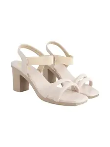 Shoetopia Elegant Cream Block Heeled Sandals For Women & Girls /EU40