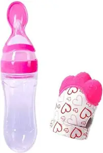 MOM'S PRIDE 90ML Newborn Baby Feeding Bottle | Toddler Silicone Squeeze Feeding Spoon Milk Cereal | Training Feeder and Mitten Glove Silicone Teether | (Set of 2) (Pink)