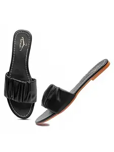 brauch Stylish Black Trendy Pleated Flats Sandal For Girls Women